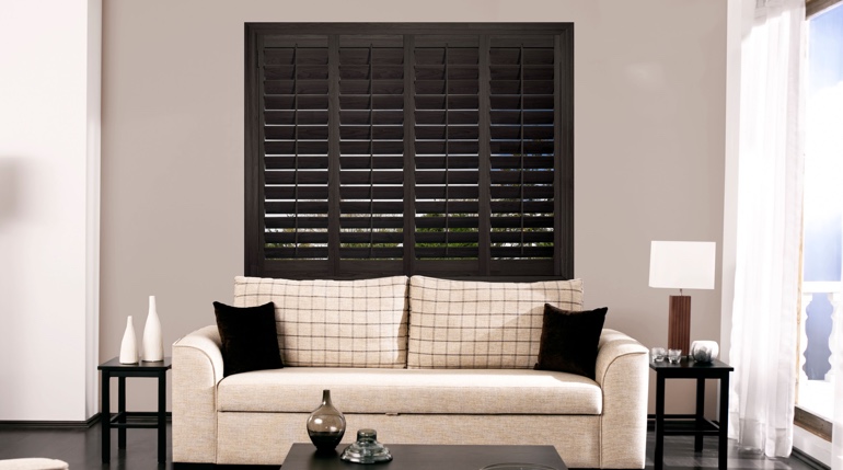 Hartford living room with black shutters.